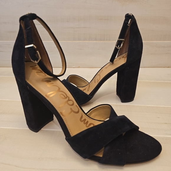 {11} Sam Edelman Yancy Block Heel Ankle Strap Sandals in Black Suede - Picture 3 of 16